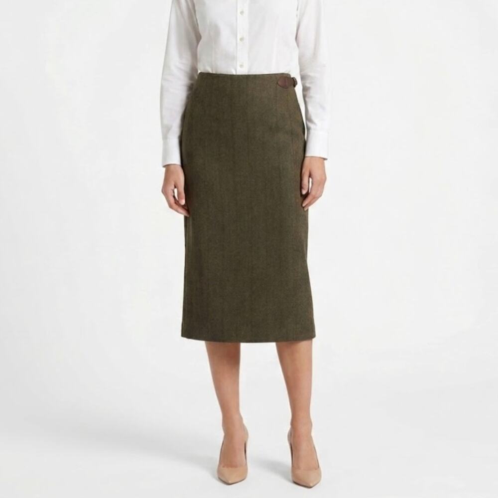Vintage Ralph Lauren Herringbone Brown Wool Pencil Skirt Midi Size 2 Equestrian